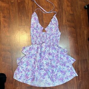 size large shein purple floral patterned ruffled cutout dress